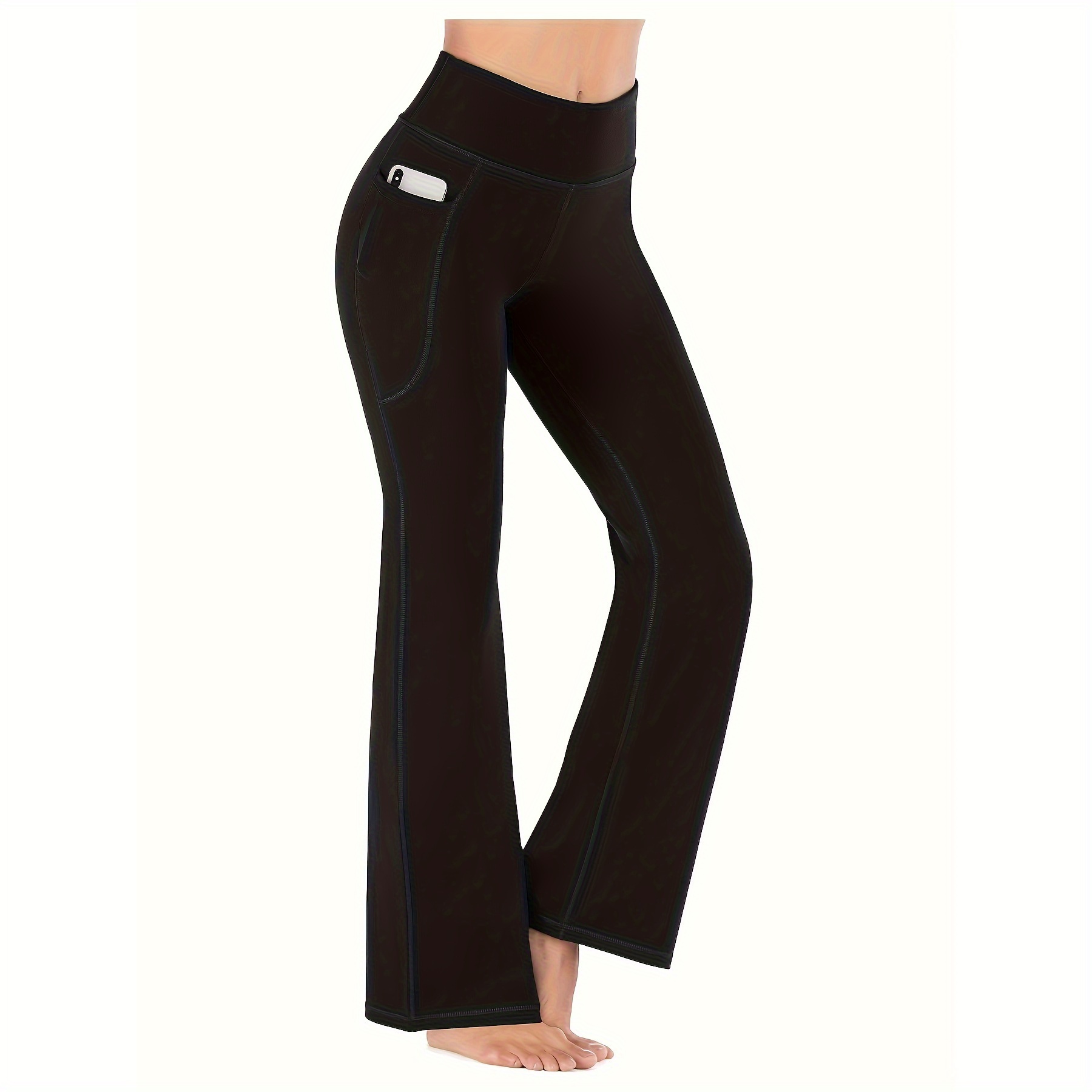 

High-waist Yoga Pants With Pockets For Women, Solid Color, Knitted Fabric, Slim Fit, Dance Training Yoga Pants Leggings