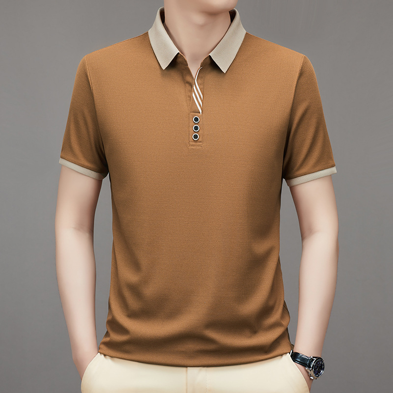 

Men's Contrast Collar Design Short Sleeve Lapel Golf Shirts, Casual Style Slight Stretch Regular Fit Summer Tops, Summer Golf Shirts