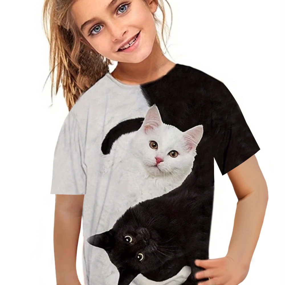 

3d Black & White Cat Print Crew Neck Short Sleeve T-shirt Tops For Girls Summer