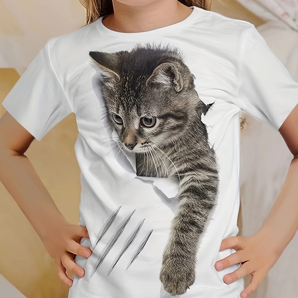 

3d Cat Graphic Short Sleeve T-shirt, Girls Casual Crew Neck Tees For Summer Gift