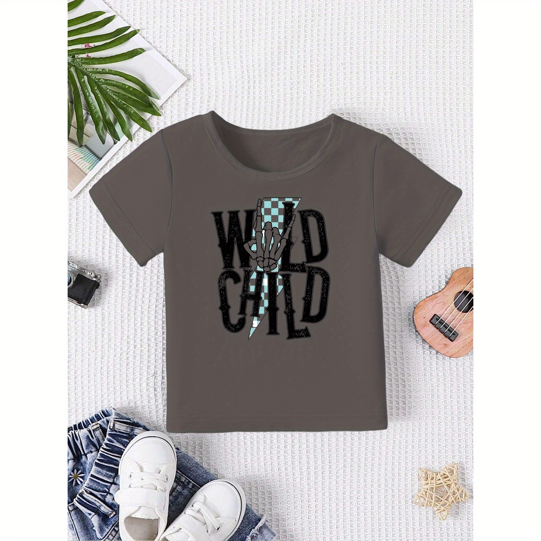 

Wild Child Print Baby Boys Cotton Short Sleeve T-shirt, Comfortable Crew Neck Top, Babys Summer Clothing
