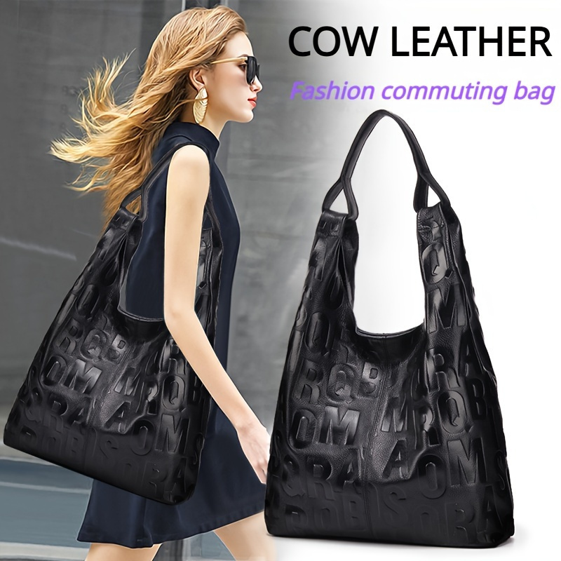 

Letter Embossed Shoulder Bag, Genuine Leather Tote Bag, Fashion Luxury Hobo Bag For Women