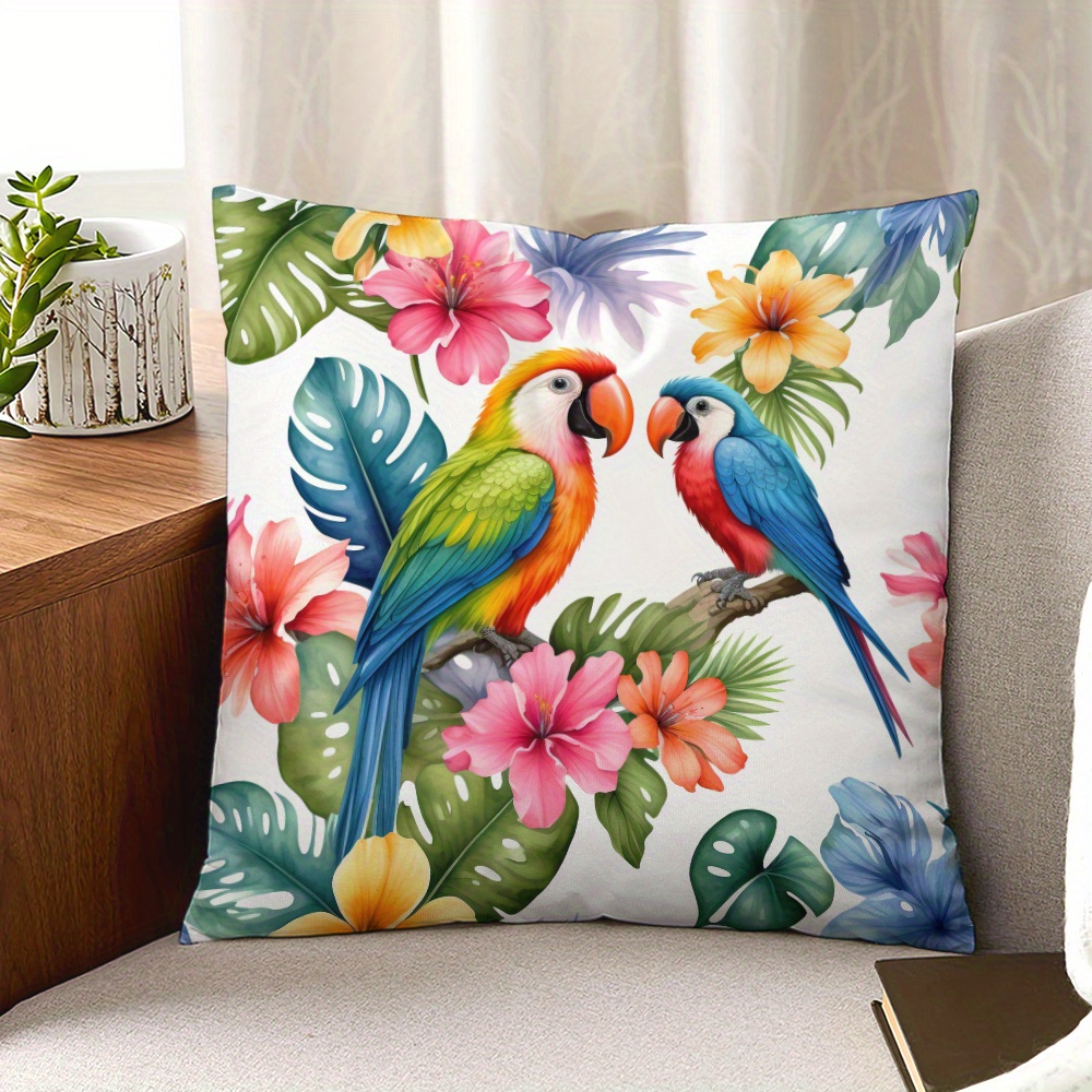 

1pc, Tropical Parrot Print Pillowcase, 1pc 17.7x17.7 Inches – Watercolor Style, Colorful Bird & Palm Leaves Pattern, Decorative Cushion Cover For Sofa, Chair, Bed, Car, Living Room, No Insert Included
