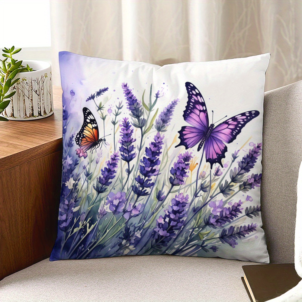 

1pc Contemporary Style Watercolor Lavender Flowers & Purple Butterflies Pattern Printed Pillowcase, No Pillow Core, Square Cushion Cover For Sofa, Bed, Car, Office Chairs, Home Decor, 17.7x17.7 Inches