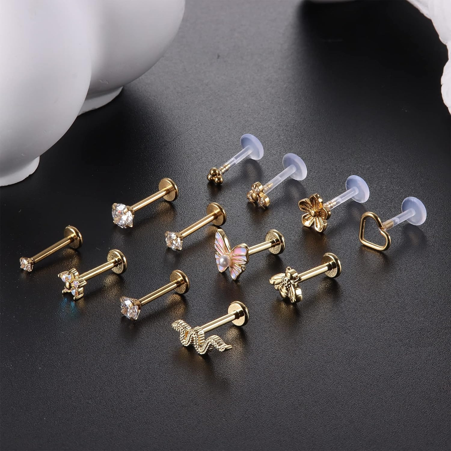 

Florideco Stainless Steel Threadless Push-in Labret Helix Earrings With Zirconia Inlay, Cute Style, Lip Rings, Tragus, Conch, Piercing Faux Jewelry For Women