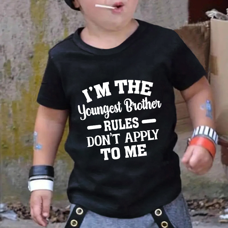 

I'm The Youngest Brother..." Cute Cartoon Letter Print T-shirt- Engaging Visuals, Casual Short Sleeve T-shirts For Boys - Cool, Lightweight And Comfy Summer Clothes!