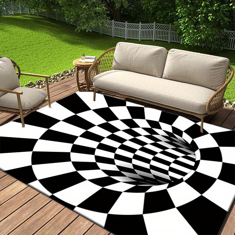 

3d Black And White Vortex Printed Rug, Outdoor Patio Garden Yard Decor Rug Area Rug For Bedroom Living Room Anti-slip Floor Mat 800g/m2