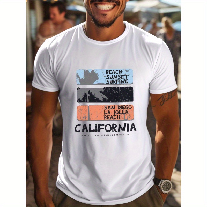 

Beach Sunset Surfing California Print T-shirt, Men's Comfy Crew Neck Short Sleeve Tees Tops For Summer