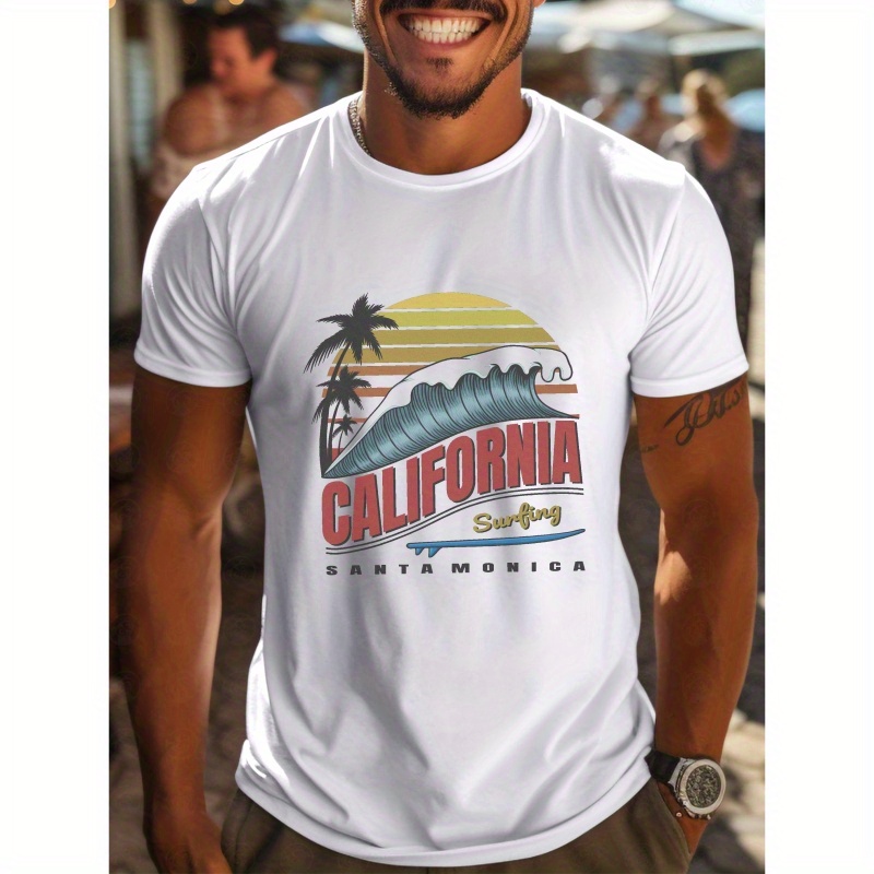 

California Surfing Print T-shirt, Men's Comfy Crew Neck Short Sleeve Tees Tops For Summer