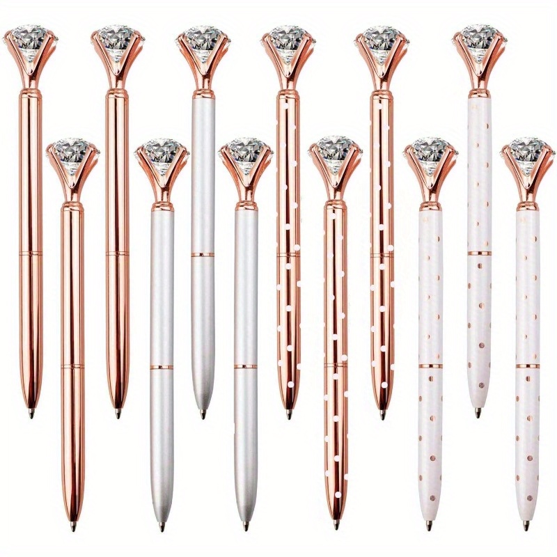 

12pcs Artificial Crystal Diamond Pens, Metal Pens Ballpoint, Pens Bulk, Ink Pens For Writing, 4 Colors, Each 3pcs With White Polka Dots, Thank You Gifts For Office School, Black Ink