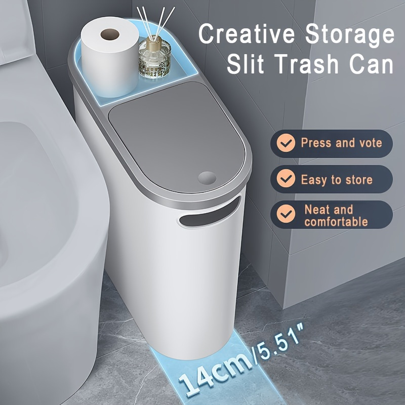 

1pc Slim Bathroom Plastic Trash Can With Lid, Space Saving Design, One- Automatic Opening, Large Capacity, Home Essentials