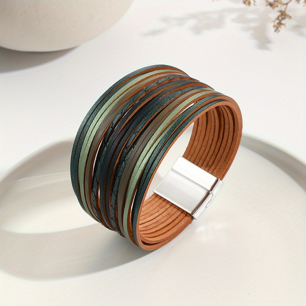TEMU 1pc Bohemian Multi-strand Gradient Pu Magnetic Closure Bracelet, Retro Mixed Color Individual Wide Edge Wrapped Bangle