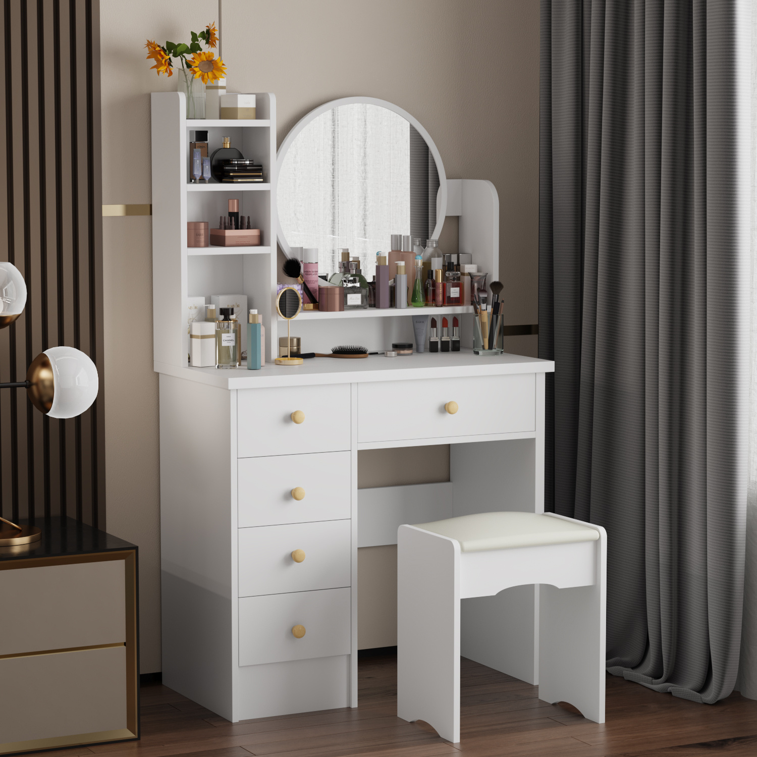 

1pc Modern Vanity Set With Round Glass Mirror, Bedroom Makeup Dressing Table With Metal & Wooden Drawers, Stylish Furniture For Girls