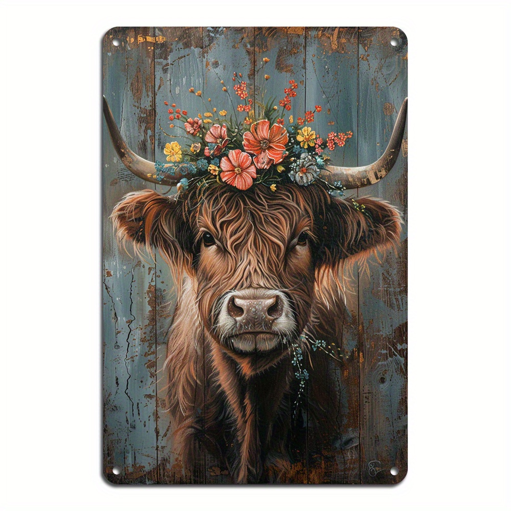 

1pc Vintage Tin Sign, Highland Cow Wall Decor, Durable Wall Hanging Plaque, Aluminum Metal Tin Sign