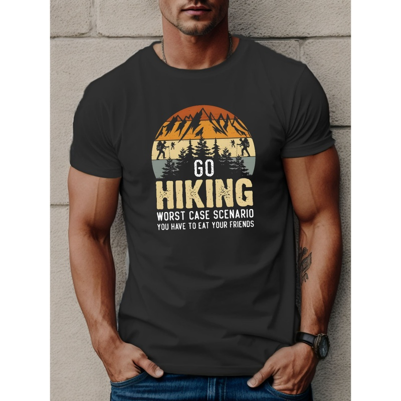 

Men's Go Hiking Letter Print Short Sleeve T-shirts, Comfy Casual Elastic Crew Neck Tops For Men's Outdoor Activities