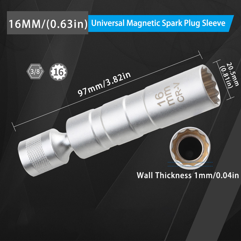 14mm 16mm With Magnetic Thin Wall Universal Joint Spark Plug Socket 12 Angle Flexible Socket Wrench Car Repair Tool