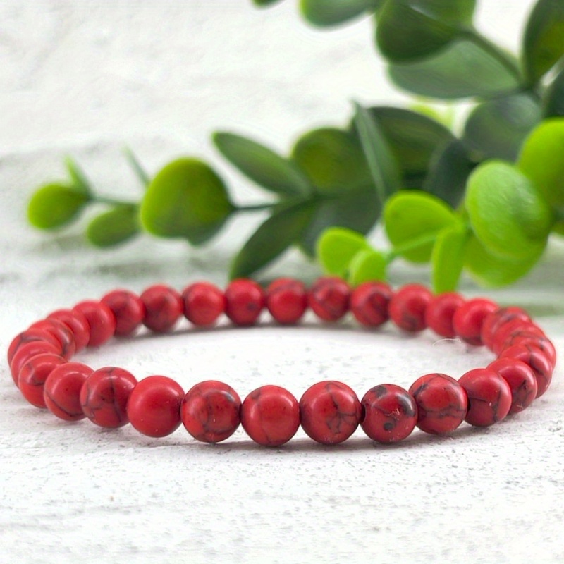 

1pc 6mm/8mm/10mm/12mm Red Howlite Beaded Bracelet, Gemstone Round Beads Elastic Bracelet