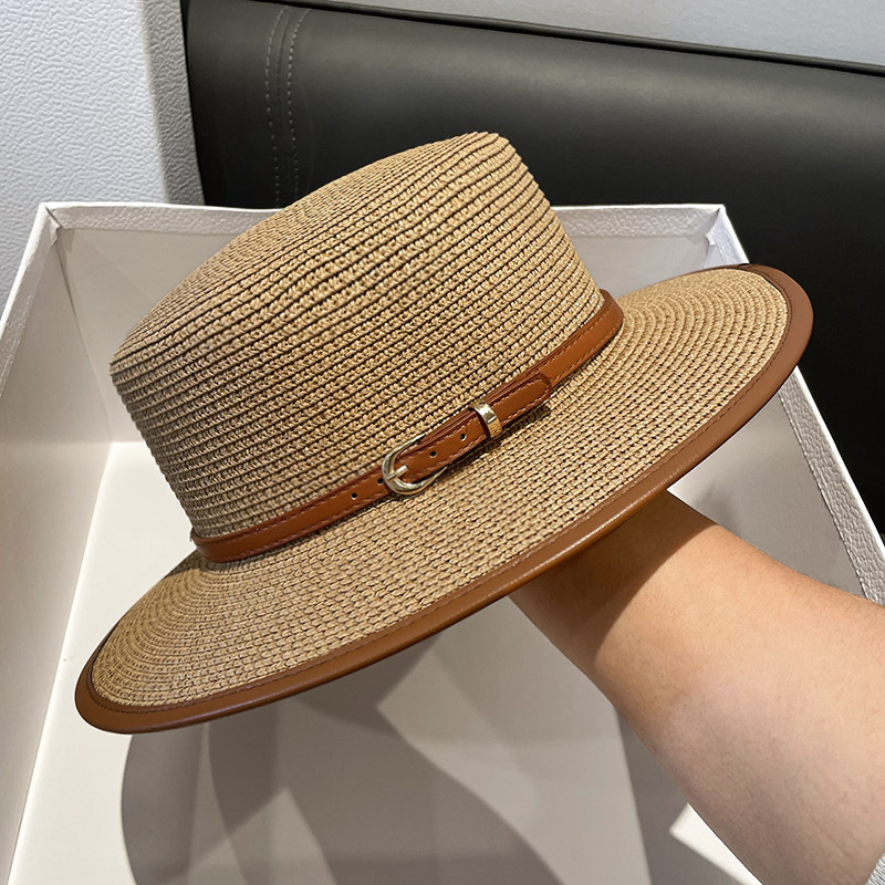 TEMU British Flat Top Sun Hat Faux Leather Belt Decor Panama Hat Women Summer Travel Beach Straw Hat