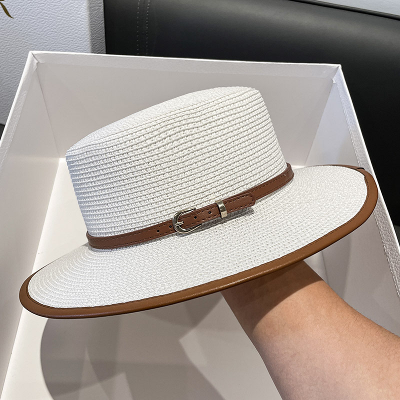 Image of British Flat Top Fashion Decorative Straw Hat For Women, Summer Beach Sun Hat