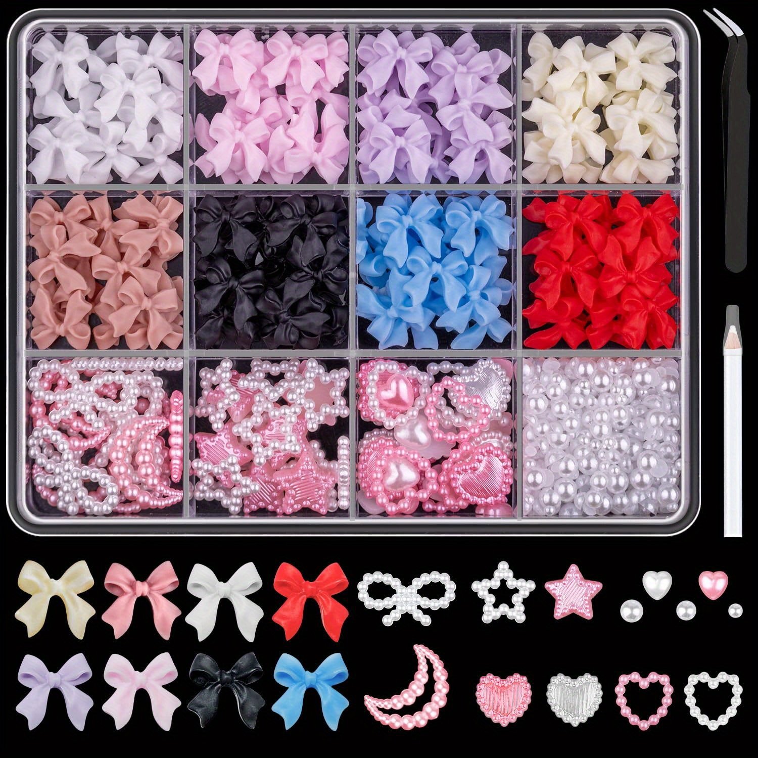

500pcs 3d Nail Bow Charms And Flatback Pearls Set, 8 Colors Nail Bows Charm + Pink&white Star Heart Moon Cute Nail Jewels + 2-4mm White Nail Pearls For Nail Art Diy Decoration With Pickup Tools