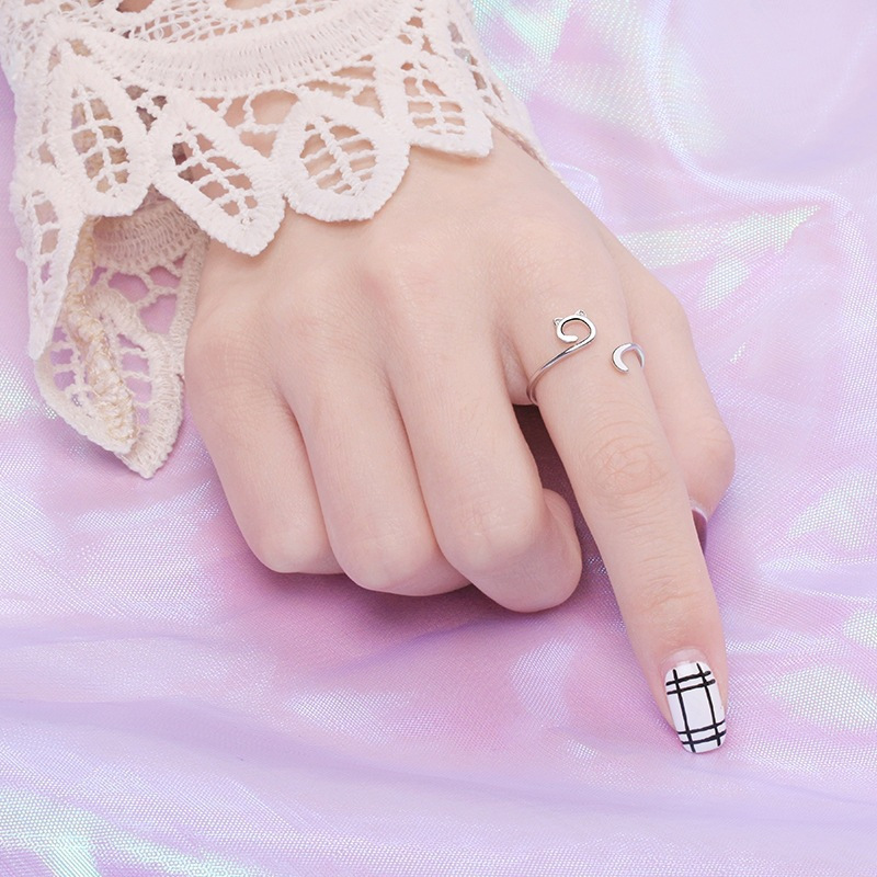 S925 Sterling Silver Hollow Cat Ring, Adjustable