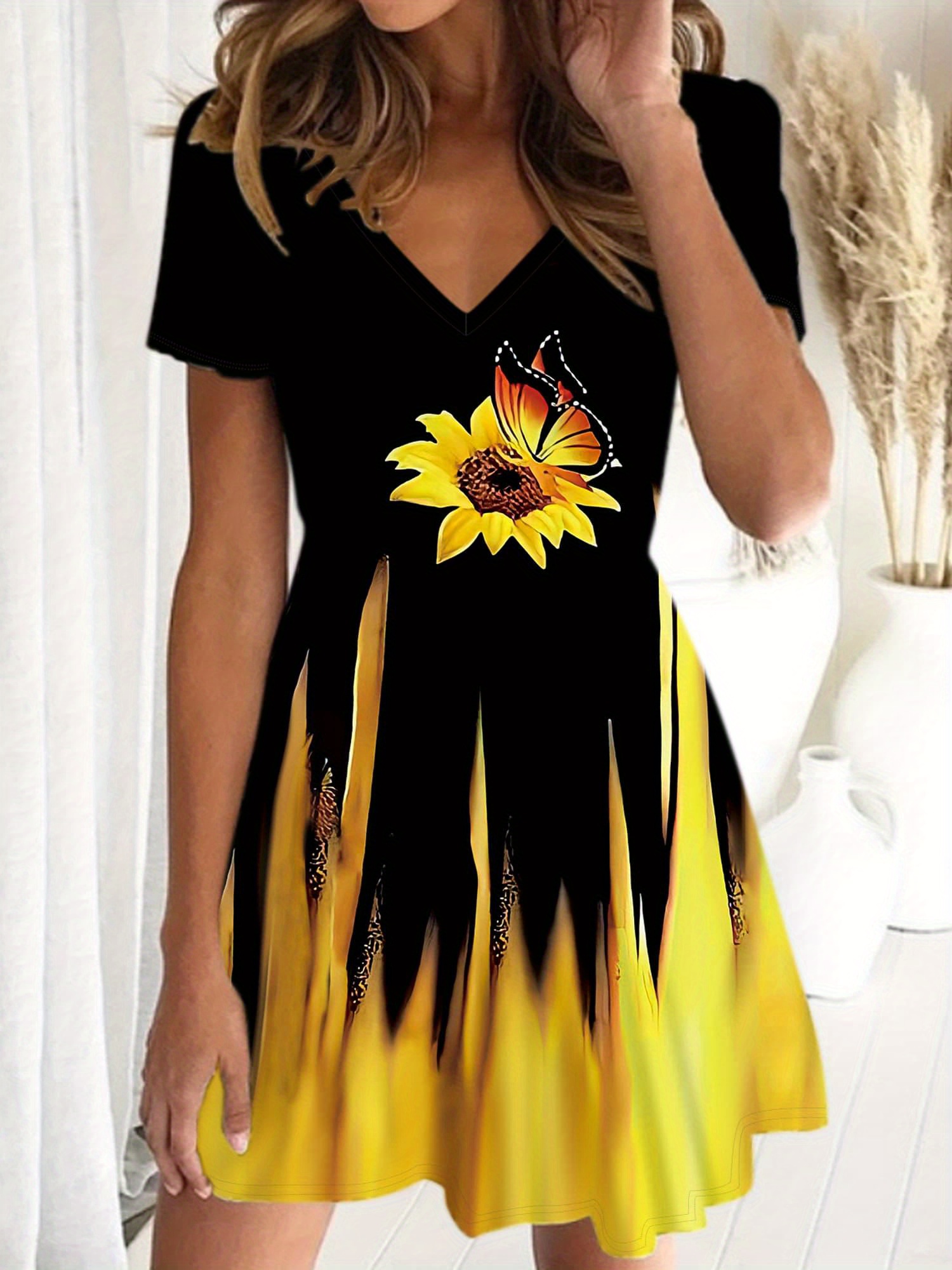 women's summer short-sleeved casual dress v-neck sunflower flower print  party dress with pocket waist evening dress - women's clothing - Temu