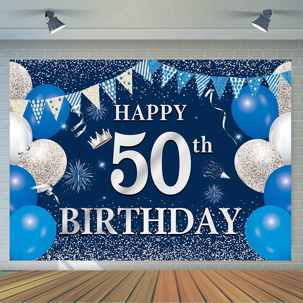 

1pc, Happy 50th Birthday Photography Backdrop, Vinyl Blue Balloon Glitter Backdrop Birthday Party Decoration Cake Table Banner Photo Booth Prop, Party Supplies, Birthday Supplies Decor