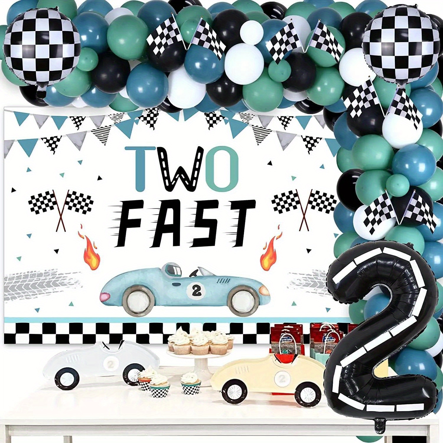 

2 Fast Racing Themed 2nd Birthday Party Decorations Set - Vinyl Backdrop, Paper Racing Flags, Checkered Foil Balloons, Balloon Garland Kit, Retro Racing Birthday Party Supplies Without Electricity