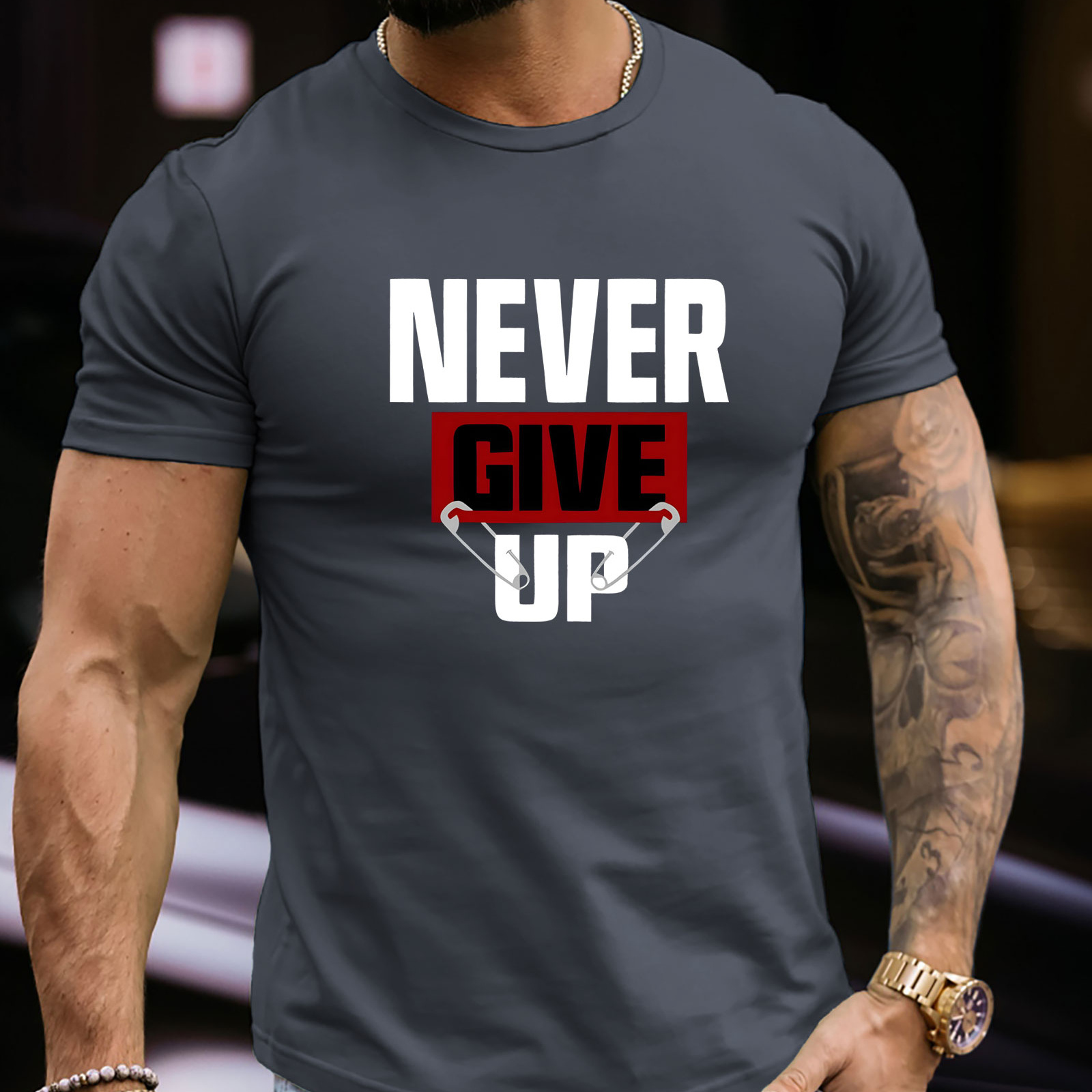 

Never Give Up Graphic Men's Short Sleeve T-shirt, Comfy Stretchy Trendy Tees For Summer, Casual Daily Style Fashion Clothing