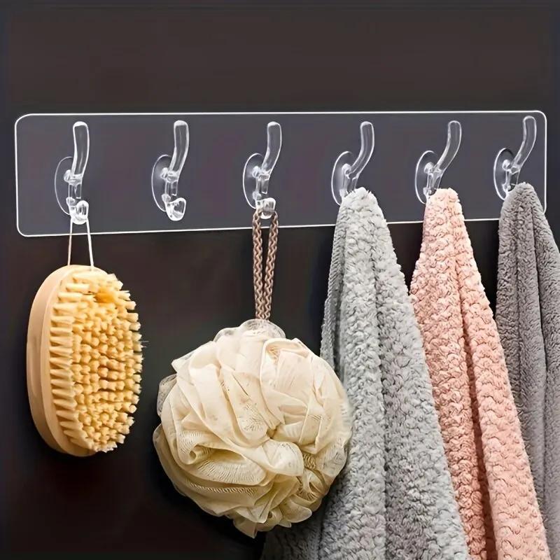 

Easy-install Transparent 6-row Hooks - Strong Adhesive, No-damage Wall Mount For Towels, Clothes & Coats - Sleek Bathroom Organizer, Rear, Bathroom Accessories