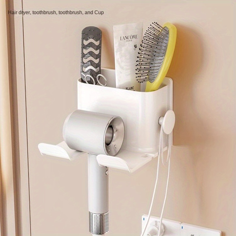

1pc Wall-mounted Hair Dryer Holder, No-drill Bathroom Organizer With Storage Cup & Cable Hook, Durable Plastic, Space-saving Blow Dryer Rack, Bathroom Accessories For Home & Hotel Use