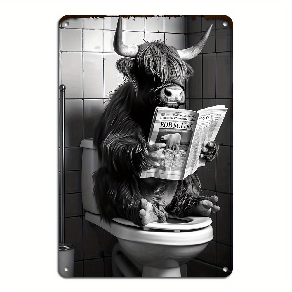 

1pc, Cow Reading Newspaper In Bathroom Metal Tin Sign Retro Metal Tin For Room Decor, Bar Decor (8x12inch/20*30cm)