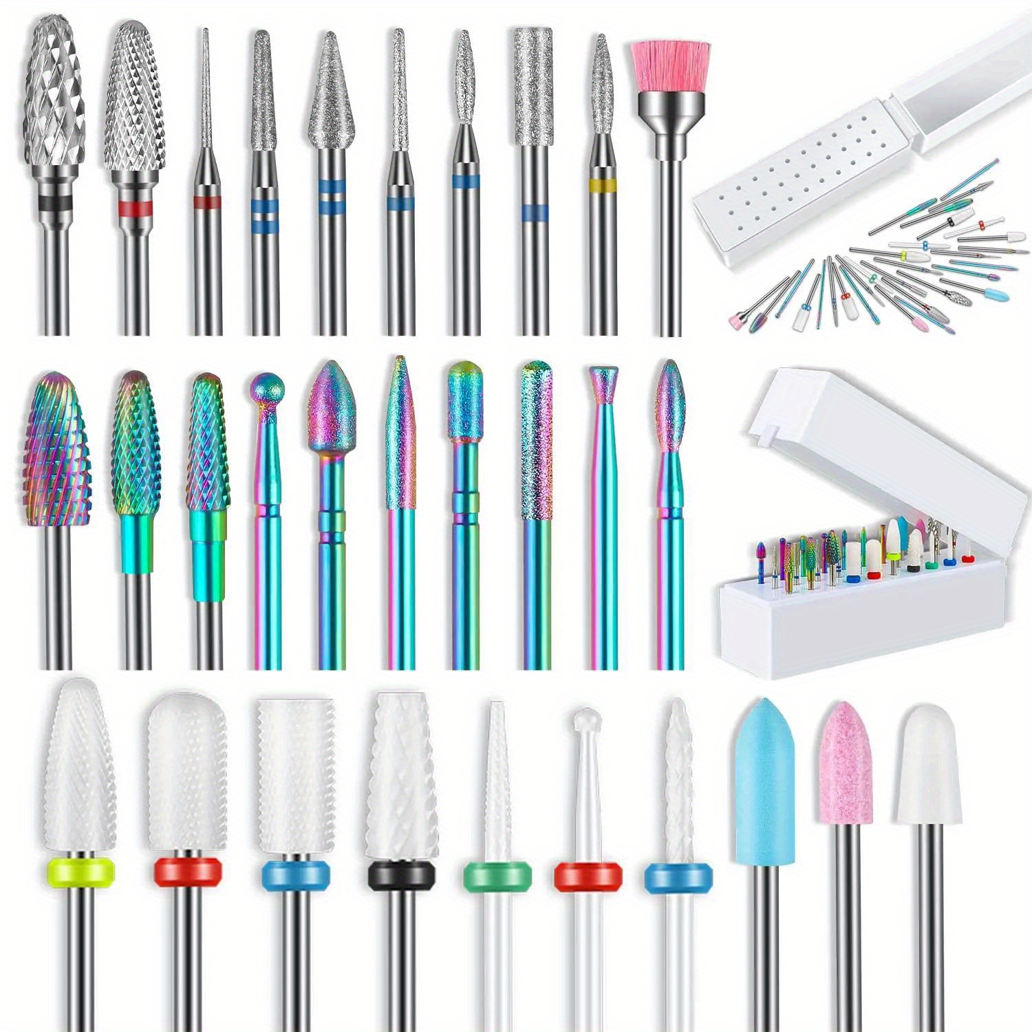 

30pcs Nail Drill Bit Set With Holder - Ceramic & Diamond Cuticle Removers For Acrylic Gel Manicure & Pedicure, Fit For Use, Nail Tech Supplies