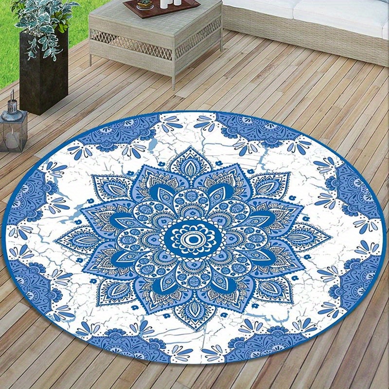 

1pc Blue Print Retro Symmetry Patterned Round Rug Area Rug, Outdoor Rug Picnic Mat Suitable For Deck Backyard Patio Aesthetic Room Decor Art Supplies Home Decor