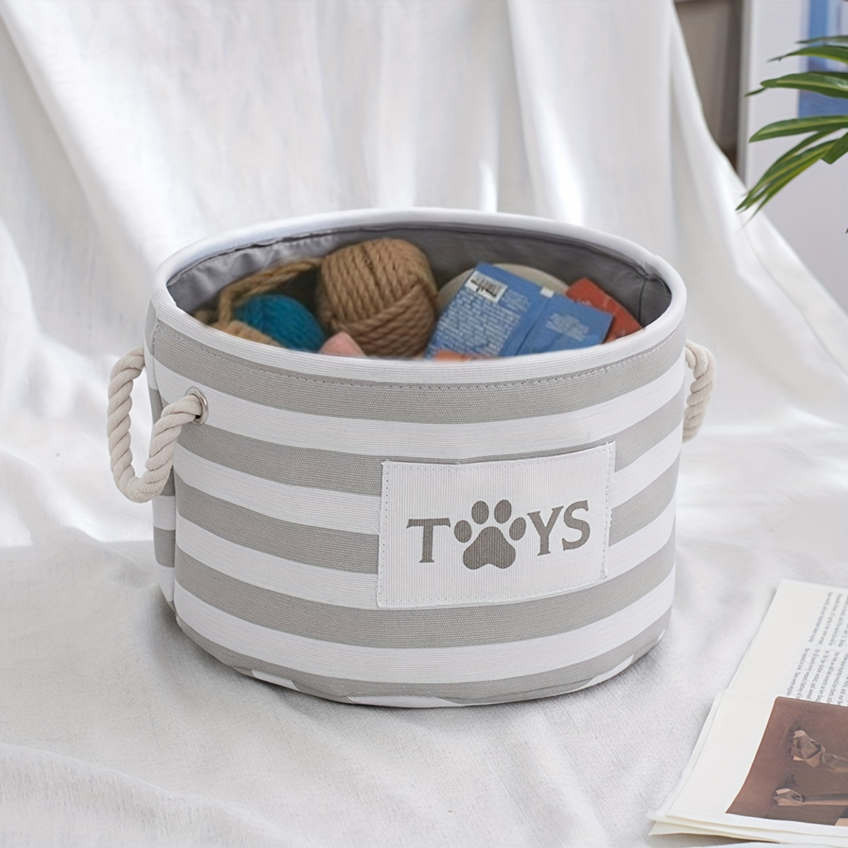 

Striped Foldable Pet Toy Basket With Woven Rope Handle - Cotton Dog Toy Storage Bin For Accessories