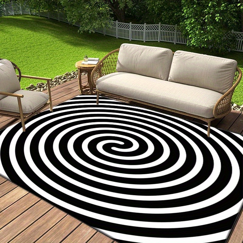 

3d Abstract Black And White Thread Printed Rug, Outdoor Patio Garden Yard Decor Rug For Bedroom Living Room Anti-slip Floor Mat