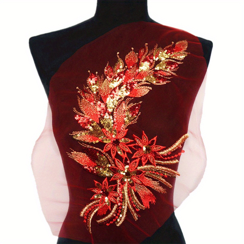TEMU 1pc Sequin Phoenix Tail Floral Applique Patch, Sew-on Embellishment For Gowns, Clothing Decoration Sewing Patch