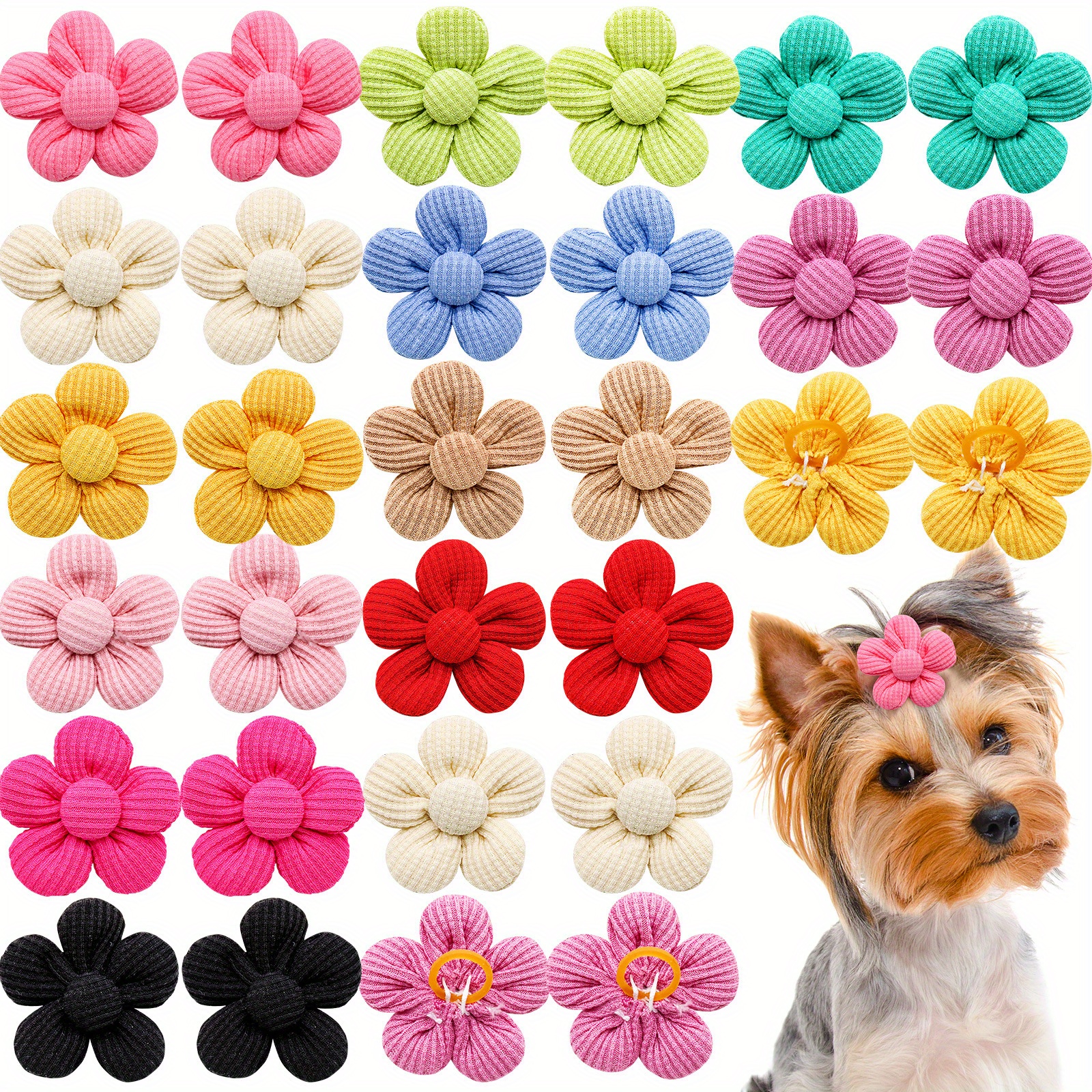 

20pcs/set Assorted Color Pet Hair Bows With Rubber Bands, Flower Design Fabric Hair Accessories For Dogs & Cats, Spring Pet Collection