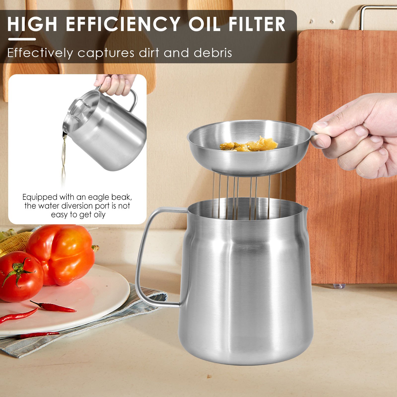 large 1 5l 2l stainless steel oil strainer pot with filter lid frying basket bpa free   spout handle for cooking grease storage details 2