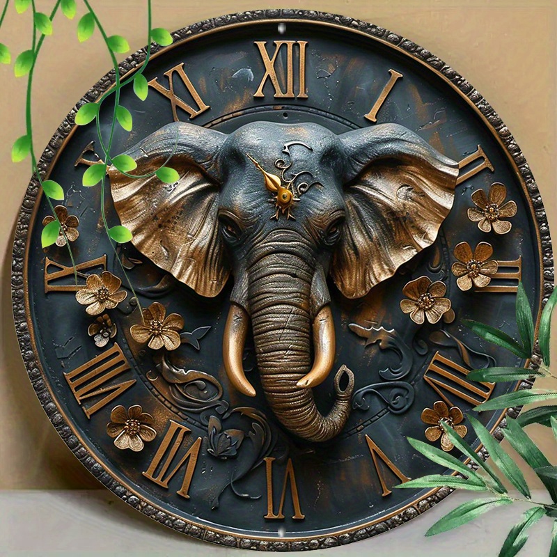 

1pc 20x20cm Round Metal Aluminum Mark An Elephant Is In The Middle Of The Screen Of A Wall Clock For Home, Living Room Coffee Shop Office Wall Decoration Art