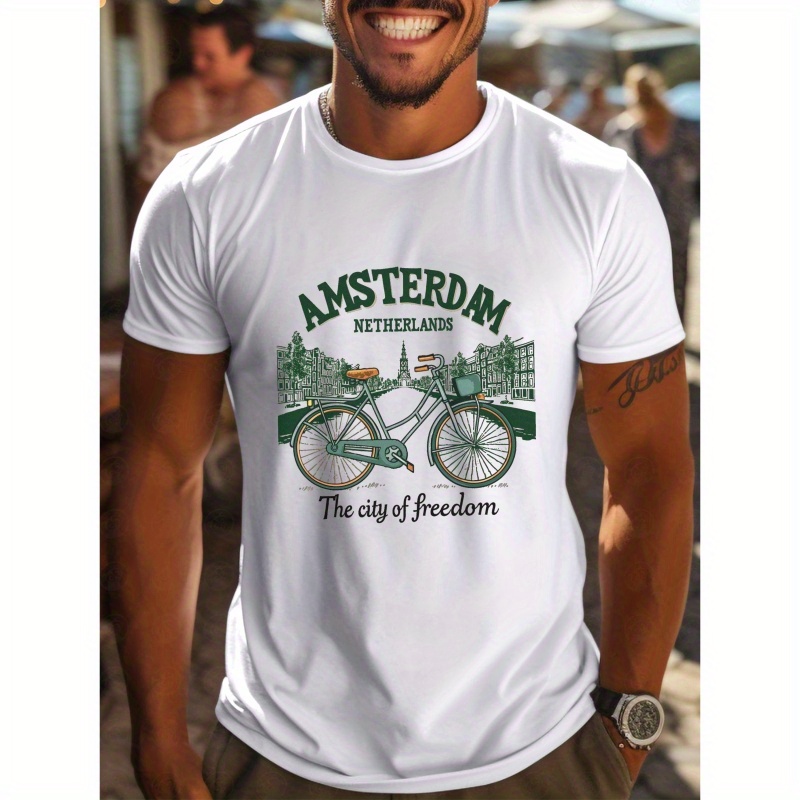 

Men's Comfy Amsterdam Print Short Sleeve T-shirt Tops, Summer Clothes For Outdoor Gift