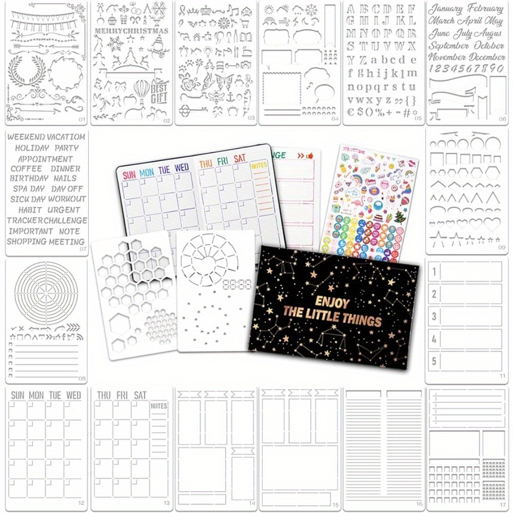 

Bullet/dotted Journal Stencils Set – 18pcs Bullet Journaling Supplies/accessories, 5.1" X 7.9" Planner Stencils For Painting With Monthly/weekly/daily Calendar, Letter Stencils, Diy Drawing Templates