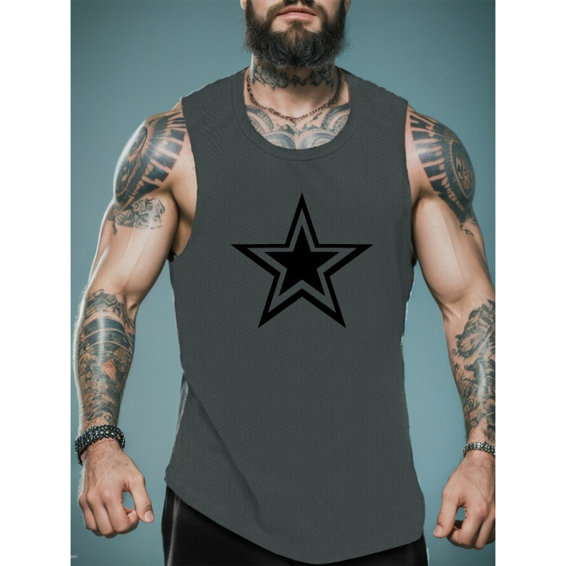 

5 Pointed Star Print Men's Summer Quick Dry Moisture-wicking Breathable Tank Tops Athletic Gym Bodybuilding Sports Sleeveless Shirts, For Workout Running Training Men's Clothes