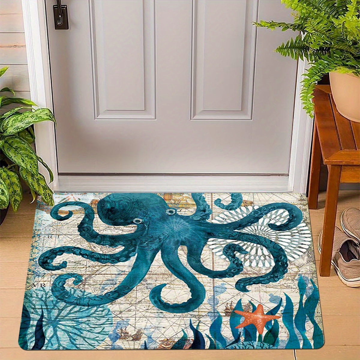 

1pc Door Mat, Blue Octopus Animal Elements Printed Pattern Rug, Non-slip Stain Resistant Floor Mat For Indoor Outdoor Decor, Spring Summer Decor