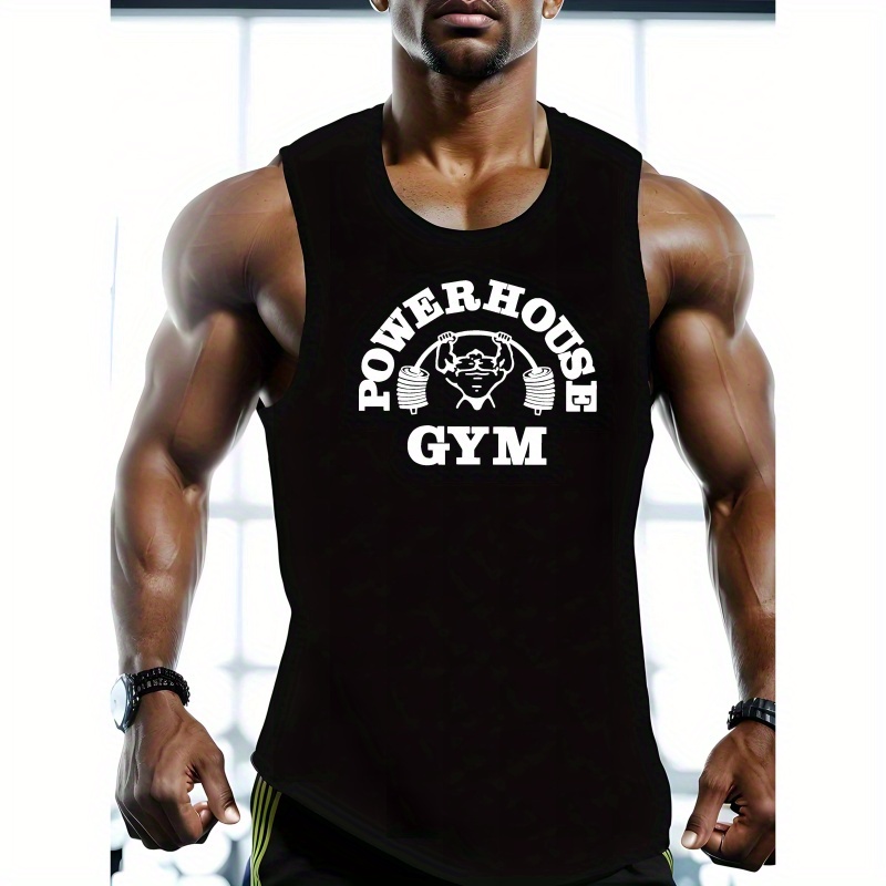 

Plus Size Men's Mesh Vest, Power House Print Breathable Sports Gym Tank Top, Men's Summer Clothing