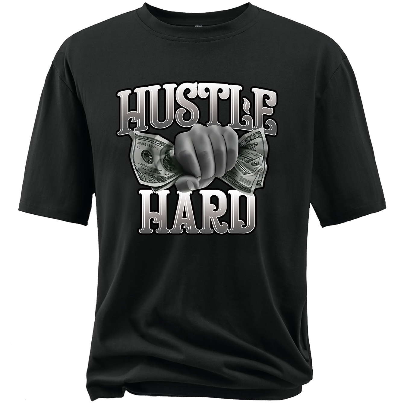 

Plus Size Men's Casual T-shirt, Hustle Hard Print Short Sleeve Sports Tee Tops, Summer Clothes