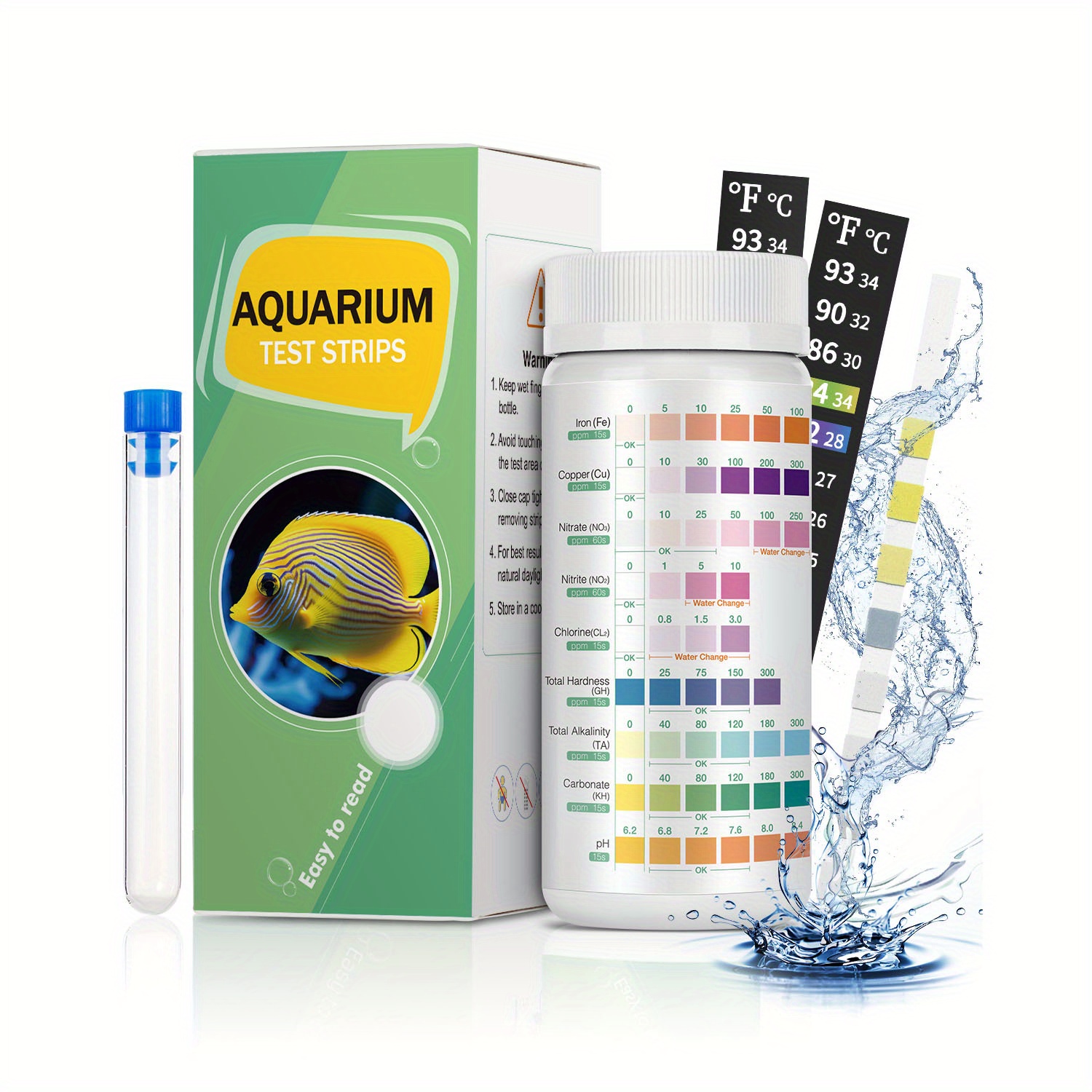 

9 In 1 Aquarium Test Kits Fish Tank Testing Strips For Ph Chlorine Nitrate Nitrite Carbonate Hardness Total Alkalinity Iron Copper, Water Testing Kits With Test Tube Thermometer, 100 Strips