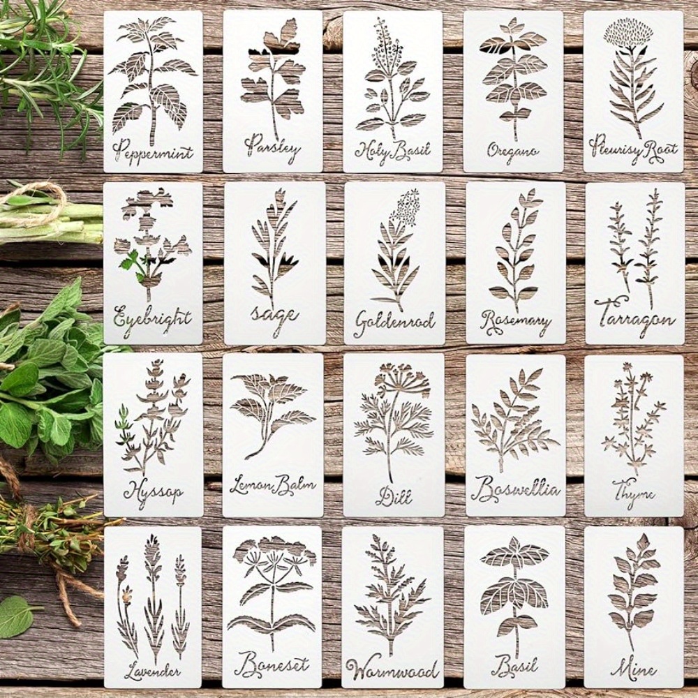 

20pcs Herb Stencils For Painting Reusable Kitchen Garden Stencils Plastic Plant Stencils For Crafts Painting Art Stencils For Diy Scrapbook Wall Floor Home Decor