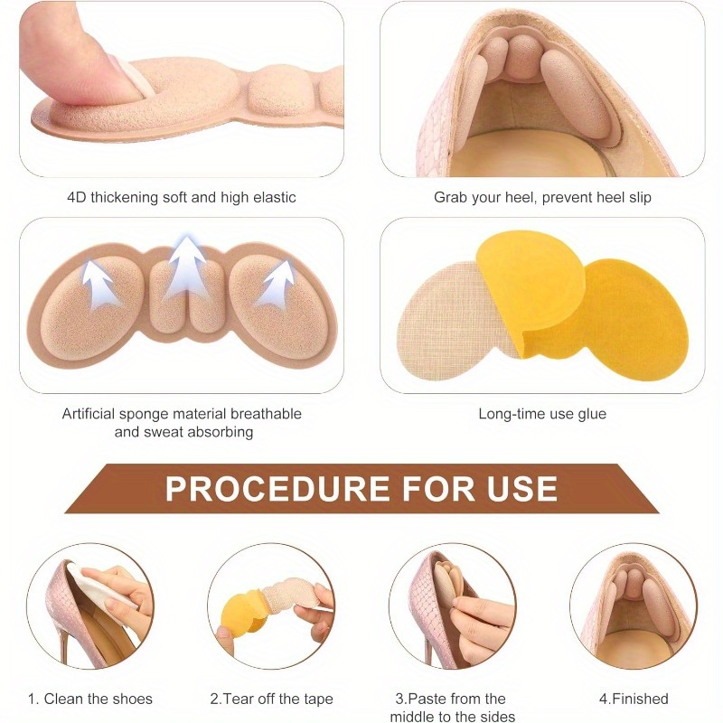 4 Pairs ComfortFit Polyester Shoe Filler Inserts - Non-Slip Adhesive Heel Grips for Loose-Fitting Shoes, Comfort Protectors, Secure Shoe Fit | Textured Insole Design | Polyester Fiber Construction, Shoe Accessories