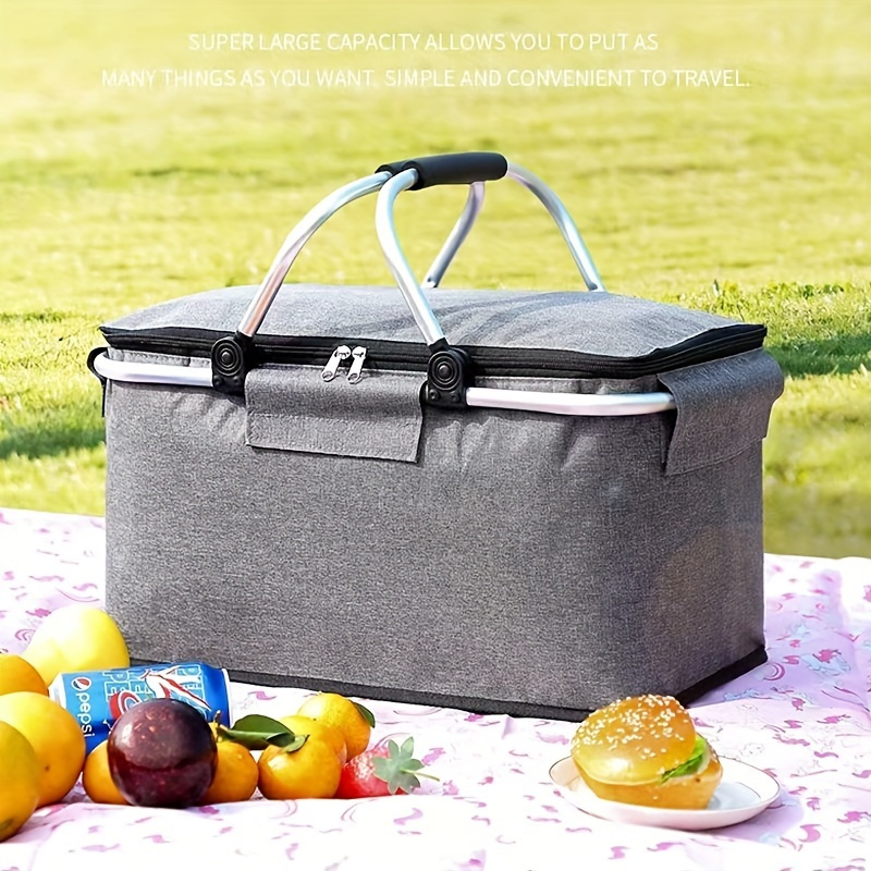 

1pc, Insulated Folding Picnic Basket, Oxford Cloth Cooler Bag, Large Capacity Outdoor Ice Bag With Thickened Aluminum Foil, Portable Takeaway Insulated Lunch Storage Bag